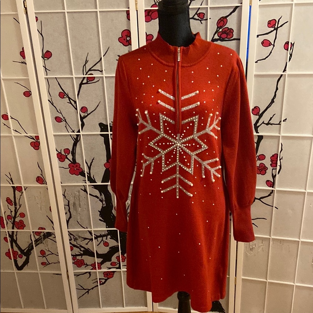 Boston Proper Red Snowflake Long Sleeve Dress